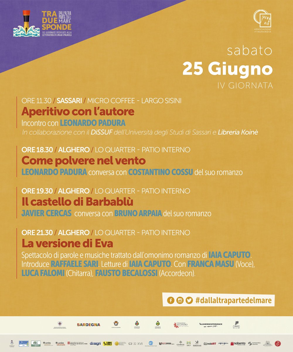 festivAlghero's tweet photo. Questi gli appuntamenti di oggi di questa quarta giornata di #TraDueSponde, la sezione di @festivAlghero dedicata alla letteratura in lingua spagnola.

Qui il programma > https://t.co/REzRsiZ78c

#dallaltrapartedelmare #alghero #libri #25giugno  #visitsardinia https://t.co/Hk62Vxo55z