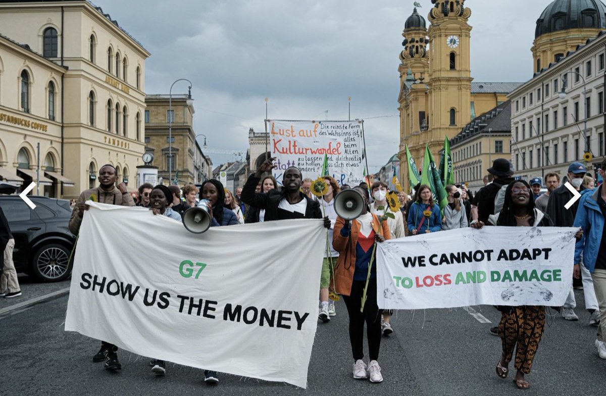 Riseupmovt's tweet photo. We need the @G7 to end finance for all new fossil fuel development. 
 
We need the @G7 to massively scale up finance to support the Global South’s transition to renewable energy. Now.
 
And we need the @G7 to commit real money for loss and damage. #G7ShowUsTheMoney https://t.co/Ayb4MsnVYP