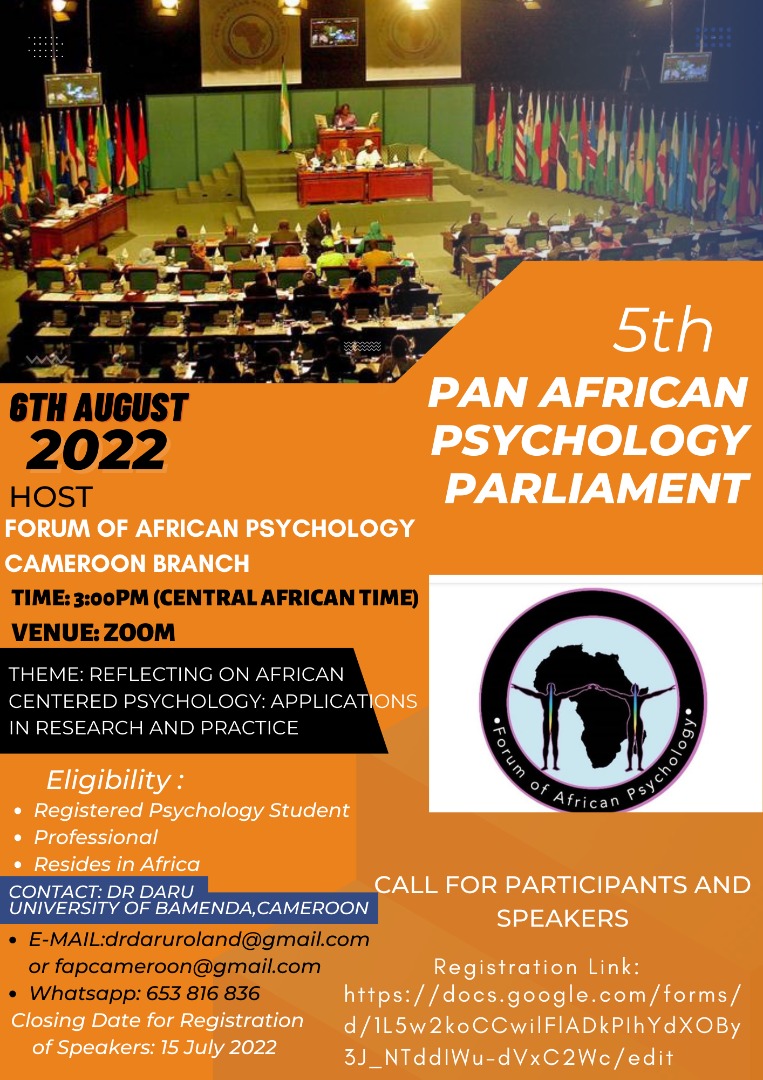 RolandDaru's tweet photo. Forum of African Psychology presents 5th Pan African Psychology Parliament @ifgc_initiative @Psychology @Africa https://t.co/pjesiSCkYQ https://t.co/4eobdGLRTc