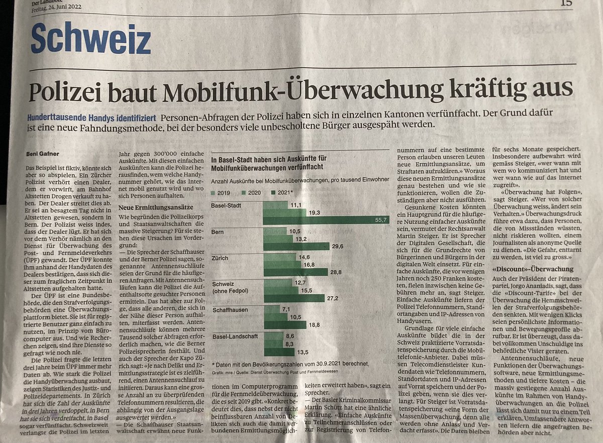 kuenzler's tweet image. Damit der verschwundene Artikel trotzdem der Nachwelt erhalten bleibt, hier das Foto der Printausgabe der Tamedia-Zeitung @landbote. #BÜPF #StopBÜPF #Überwachung