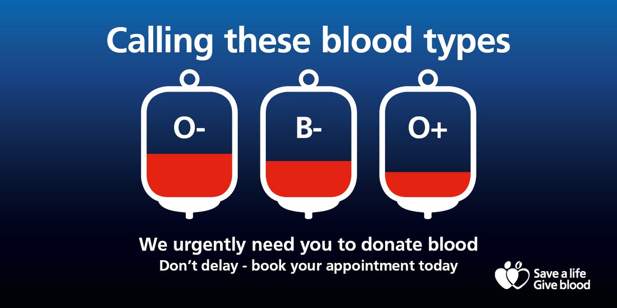 We need more O Negative, O Positive and B Negative donations to help patients in need.

Can you help? We have availability now at some of our donor centres ➡️ bit.ly/3u3Cffr

One hour of your time can save or improve up to three lives. 

#GiveBlood🩸