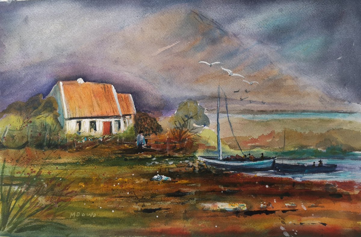 #Watercolourpainting, #mixedmedia, #Irishlandscape, #boats, #mountainscenery, #artforsale