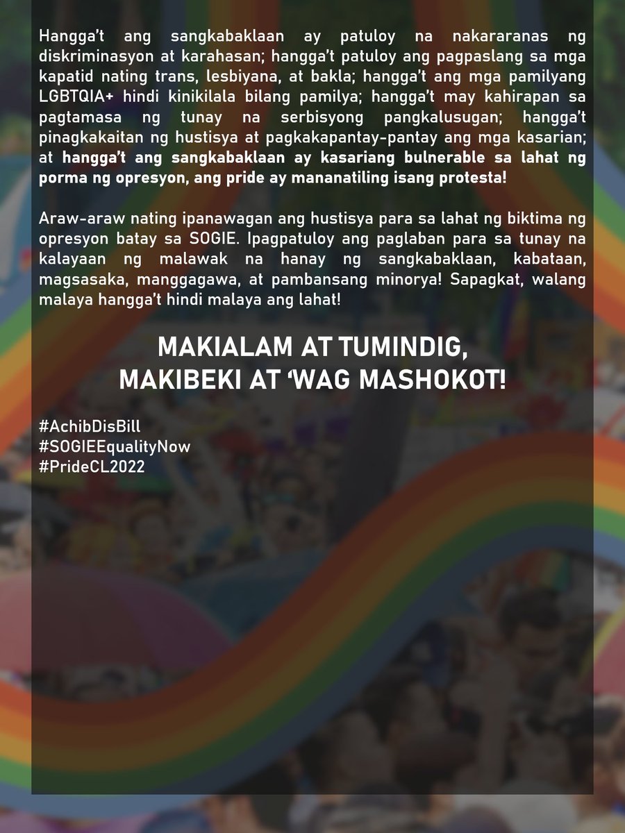 TINGNAN: Ibinabahagi ng Kabataan ng Gitnang Luson ang kanilang pagkakaisa ngayong Pride Month. Ang kanilang panawagan, 'GITNANG LUSON, MAKIBEKI PARA SA SOGIE EQUALITY, PANTAY NA KARAPATAN SA KASAL AT TUNAY NA SERBISYONG PANGKALUSUGAN'

#AchibDisBill #SOGIEEqualityNow #PrideCL2022