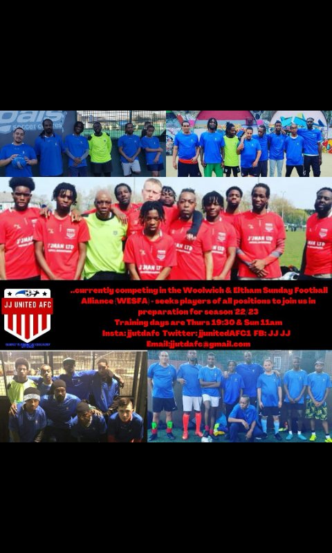 SportsJman's tweet photo. @JJUnitedAFC1 still seeks players to join club for 2022/23 season in @WESFA_Football Div 6...
Training continues tomorrow Sunday 26th June, 10.50am Peckham Rye Park SE15 3JX https://t.co/18mXeBYPHz