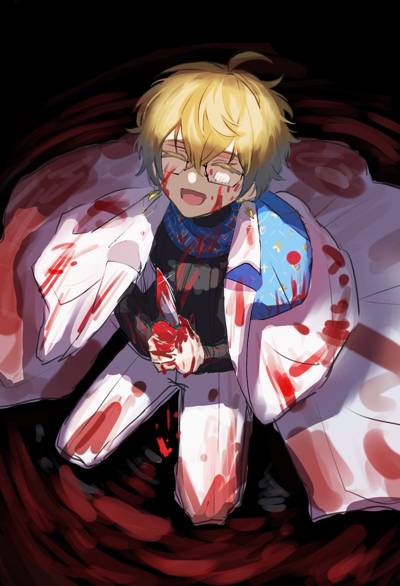 1boy male focus blood white pants blonde hair knife solo  illustration images