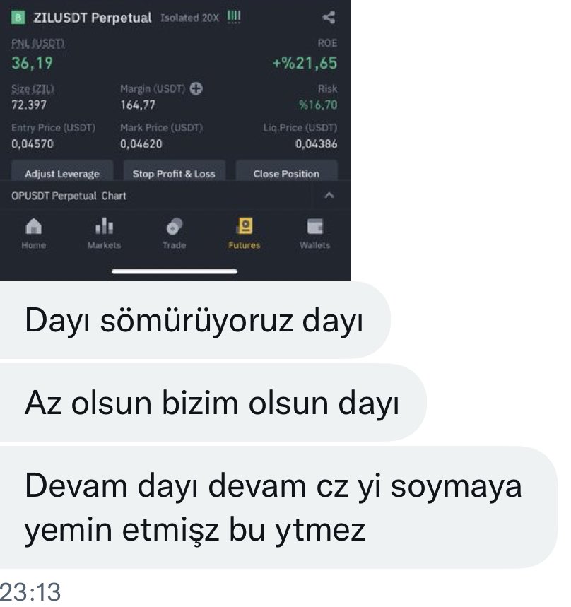 Az çok deme kasanda usdt oranını arttır. Usdtye TL gibi davranma.Günlük 50 usdt kazansan aylık 1.500 dolar 17 TL çarp 25.500 TL babandan iste aylık vermez oturduğun yerden 25 bin TL 2 memur maaşı yapıyor emmioğlu al sana finansal özgürlük. 

Bir SİNYALE yenildiler

#btc #binance