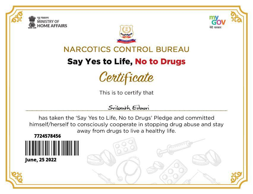 hydcitypolice's tweet photo. https://t.co/KflZ9BAbsh
Be A Hero, Be Drug Zero.
'Say yes to Life and no to drugs' 
డ్రగ్స్ మహమ్మారిని తరిమికొడుదాం.. 
ఆన్లైన్లో ప్రతిజ్ఞ చేసి సర్టిఫికేట్ పొందండి.
#SayNoToDrugs #NashaMuktBharatAbhiyaan #nashamukthyderabad https://t.co/ZMoFLW1acu