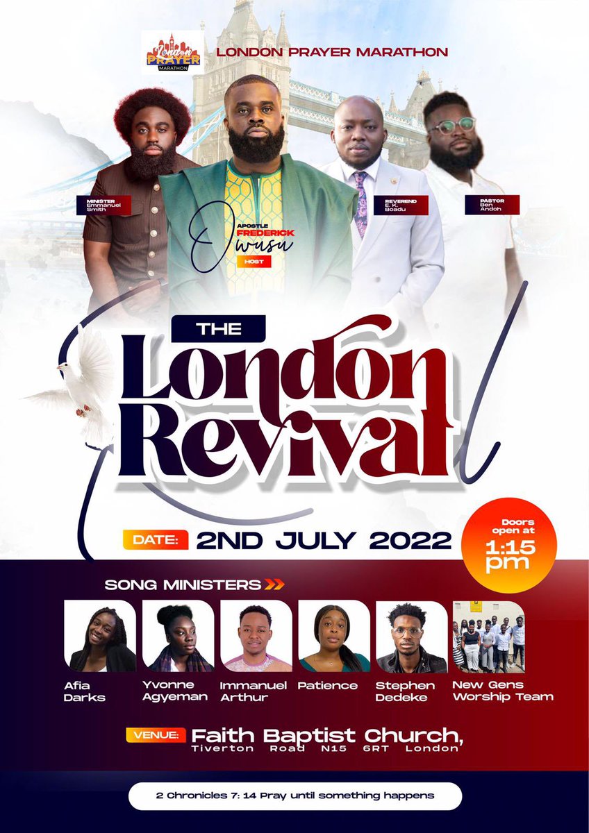 fredpreaches's tweet photo. This year I heard the Lord saying “LONDON WILL BE REVIVED” so He directed me to put up a program and give it the theme “THE LONDON REVIVAL” I believe lives will be transformed and young people will have an actual encounter with God. Click the link in my bio to register. https://t.co/7G5gmpTjc8