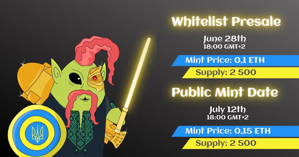 We`re thrilled to announce 🔥CryptoCossacks Club MINT DATES🔥

📍WHITELIST PRESALE - June 28th, 18:00 GMT+2
Mint price - 0,1 ETH
Supply: 2 500

📍PUBLIC MINT DATE - July 12th, 18:00 GMT+2
Mint price - 0,15 ETH
Supply: 2 500
Duration: 3 weeks

Save the dates and get ready to mint!