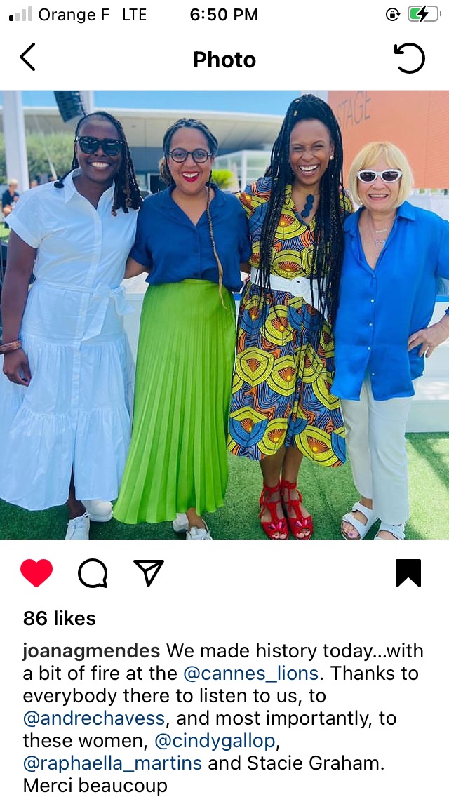 cindygallop's tweet photo. Great speaking with @joanamendes @coachcreativecc Raphaella Martins yesterday on the most important panel at this year's @cannes_lions - about racism in the Brazilian ad industry, the industry as a whole, and at #CannesLions: https://t.co/3tzLxkvrfz https://t.co/U0AI4TaC2q