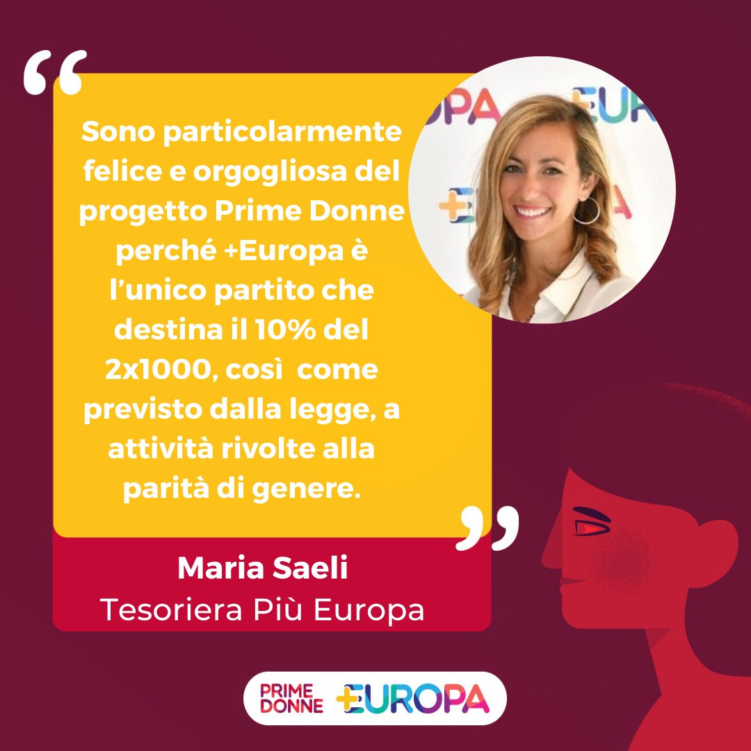 Sono particolarmente felice e orgogliosa del progetto Prime Donne perché <a href="/Piu_Europa/">Più Europa</a> è l’unico partito che destina il 10% del 2x1000, così come previsto dalla legge, a attività rivolte alla parità di genere.
<a href="/Maria_Saeli/">Maria Saeli</a> 
#PrimeDonne #PiùEuropa