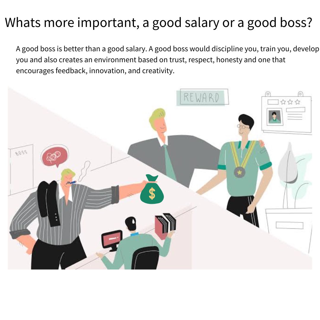 What's more important, good salary or good boss?

We should always choose a good boss over a good salary. Just like we been choosing wisdom over everything! 

A good experience is far better than anything, isn’t it?!

#MoneyyApp #goodboss #choice #rewards