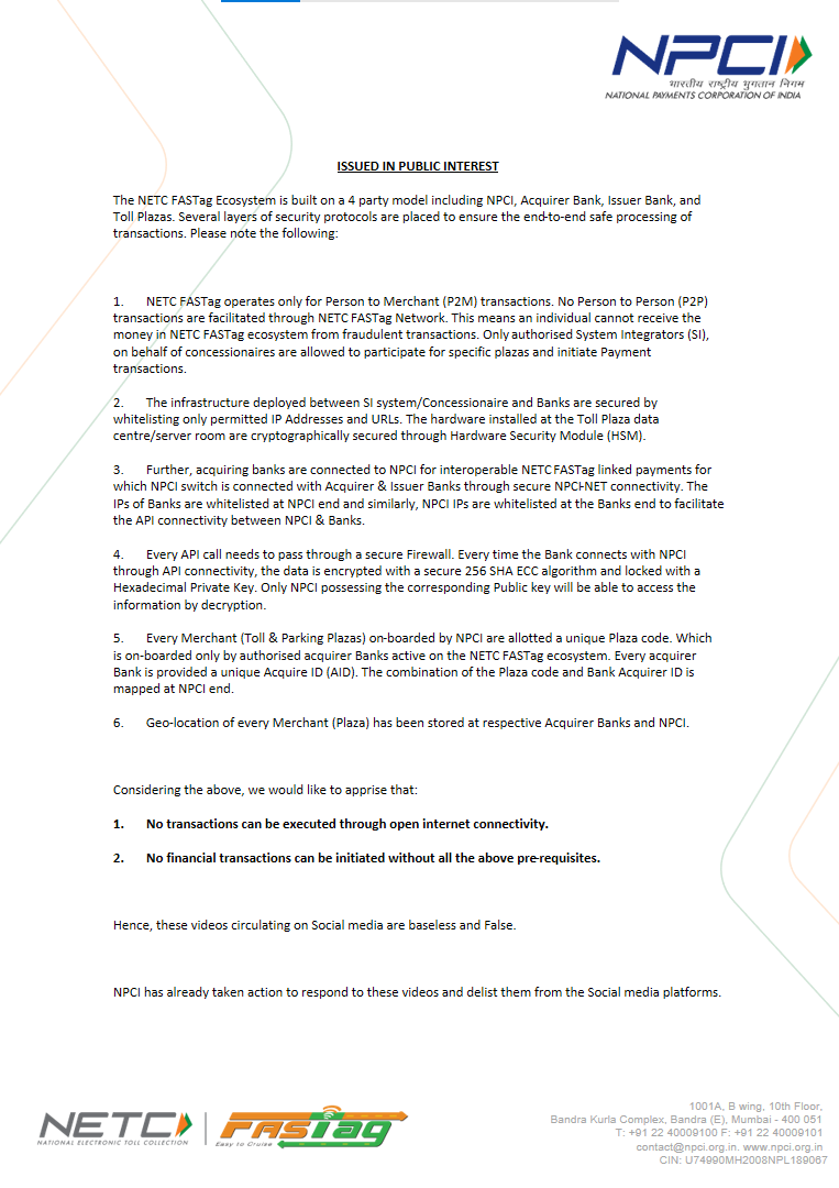 FASTag_NETC's tweet photo. Please note that there are baseless and false videos circulating on Social media. Do understand the below points: 

1.       No transactions can be executed through open internet connectivity. https://t.co/AKqvcpVE1z