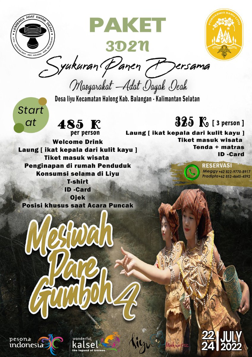 Mesiwah Pare Gumboh, prosesi adat pasca panen masyarakat Dayak Deah Liyu Gunung Riut kembali akan diadakan pada 22-24 Juli 2022 yg akan datang.
Akan ada sesuatu yg baru. Jangan sampai menyesal jika tidak hadir. Selain destinasi alam, akan ada suguhan budaya Dayak lainnya