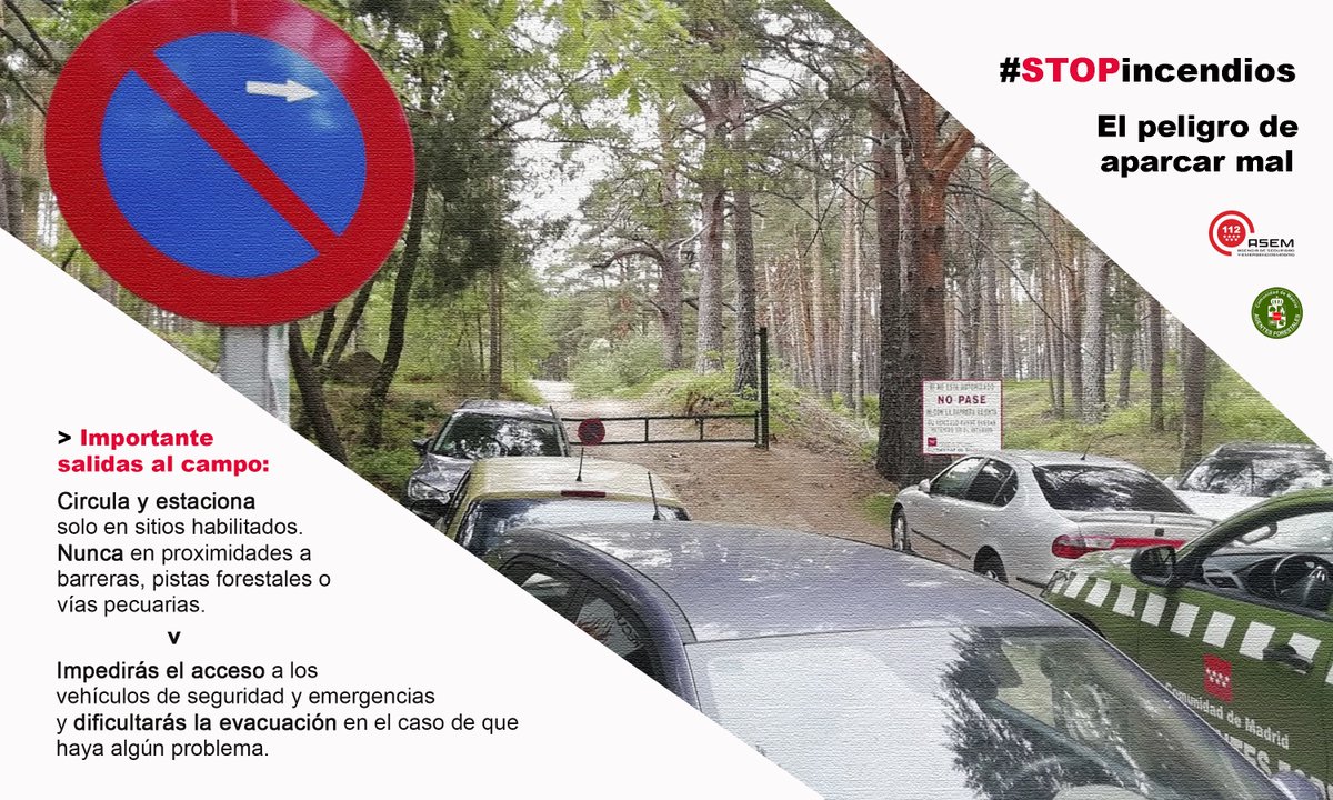 112cmadrid's tweet photo. 📣 Esto es MUY importante...

👉🏽 Es FUNDAMENTAL aparcar solo en lugares habilitados en nuestras salidas al campo. De lo contrario dificultamos el acceso de los servicios de emergencia y una posible evacuación‼️

#STOPincendios 
#INFOMA22 
#AgentesForestalesCM 
#ASEM112 https://t.co/K3Xno0eOda
