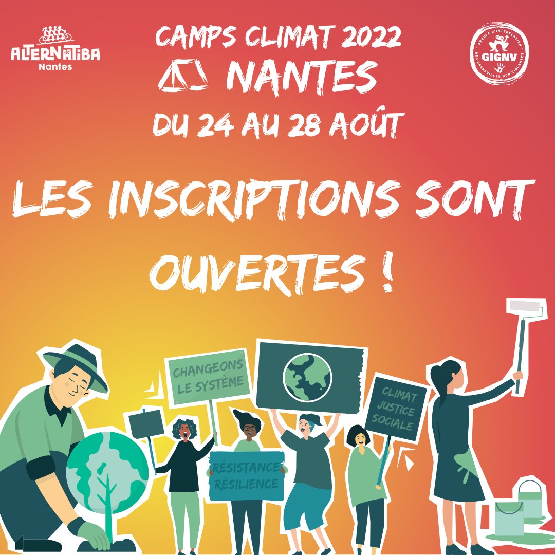 🚨 Les inscriptions pour le camp climat 2022 sont ouvertes ! 🚨

N'attends plus, inscris-toi  👉  tinyurl.com/4mn6bfuy

🔜 Du 25 au 28 août, viens te former dans une ambiance festive et engagée 🥳 

#CampClimatNantes