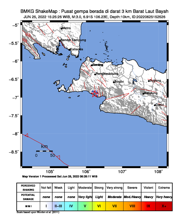 #Gempa Mag:3.0, 25-Jun-22 15:25:26 WIB, Lok:6.91 LS, 106.23 BT (Pusat gempa berada di darat 3 km Barat Laut Bayah), Kedlmn:10 Km Dirasakan (MMI) II - III Panggarangan #BMKG