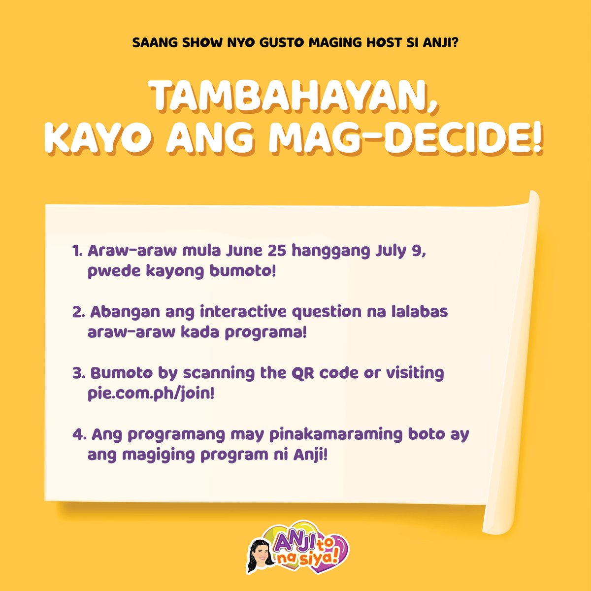 altPIEofficial's tweet photo. Maraming Salamat mga ka-troPIES at Sunshines sa pagtutok sa Barangay Pie!

Abangan lang ang interactive question para makaboto kung saang PIE SHOW gusto niyong makita si Anji!

To vote visit: https://t.co/1de5x6hSmu

#ANJItoSaPIE 
ANJI NEWEST KAtroPIE 
https://t.co/M1HY2VmN8b https://t.co/gNMLSm7dKH