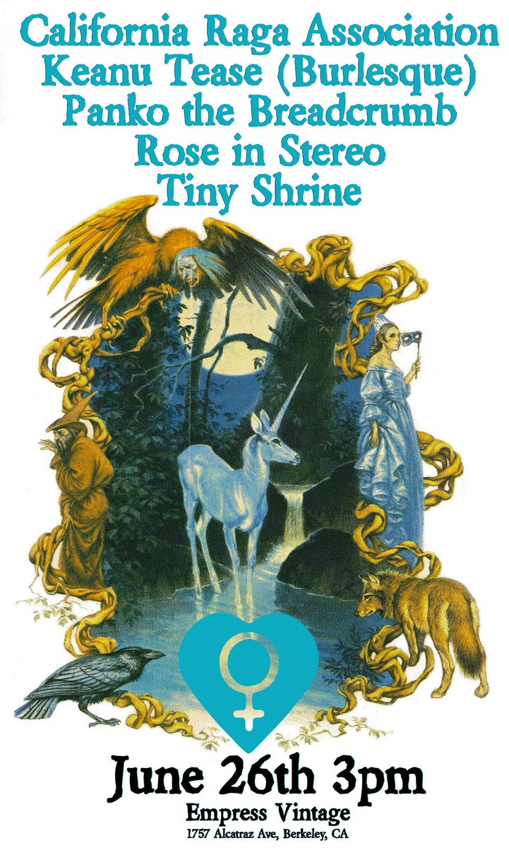 June 26 - 3 pm 
THE TIGERBEAT
ROSE IN STEREO
PANKO THE BREADCRUMB
KEANEU TEASE
CALIFORNIA RAGA ASSOCIATION
TINY SHRINE

The absolute Sunset Dance party with live International percussion instruments last show 
facebook.com/events/1061931…