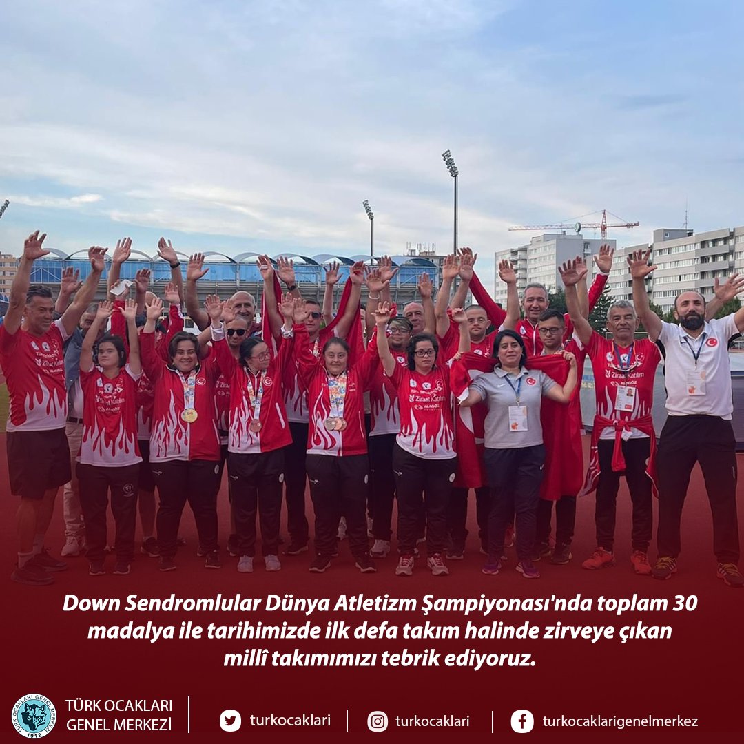 Down Sendromlular Dünya Atletizm Şampiyonası'nda toplam 30 madalya ile tarihimizde ilk defa takım halinde zirveye çıkan millî takımımızı tebrik ediyoruz.
