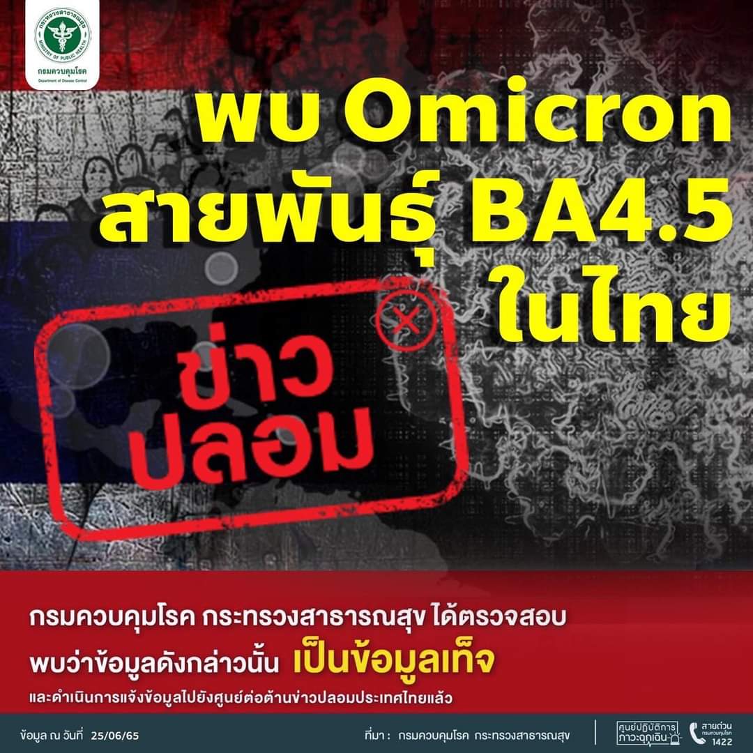 ddc_riskcom's tweet image. ข่าวปลอม!! อย่าแชร์

ลือ!! พบโอไมครอน สายพันธุ์ BA4.5 ในไทย
จากการตรวจสอบพบว่าข้อมูลดังกล่าวเป็นข้อมูลเท็จ

#ข่าวปลอม #กรมควบคุมโรค #กระทรวงสาธารณสุข
