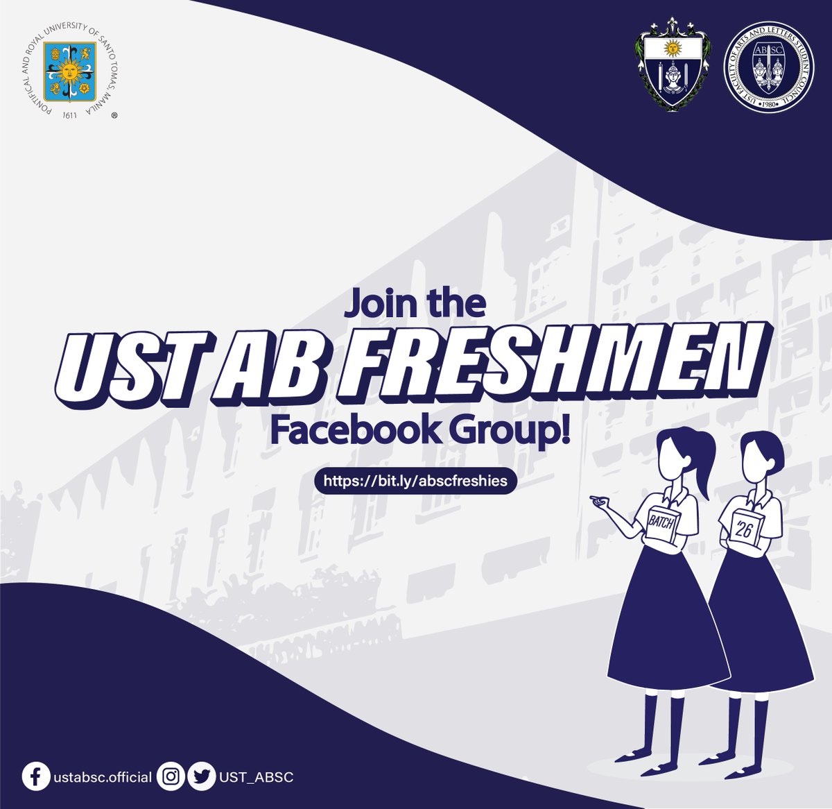 ust_absc's tweet photo. Whatโs up, AB Freshies! ๐
Join the official Facebook group of the UST Faculty of Arts and Letters Freshmen (2022-2023). Connect with your batchmates and societies!
See you, Artlets!
LINK: https://t.co/oiMjyxSKIu https://t.co/CnQa2zFFID