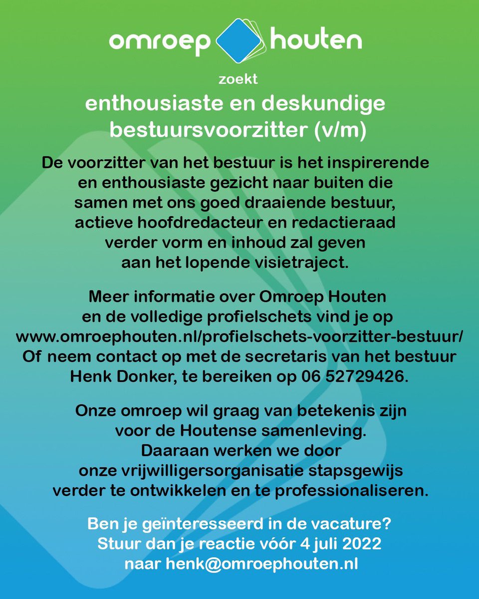 Omroep Houten zoekt bestuursvoorzitter! #jobs #vacature #houten