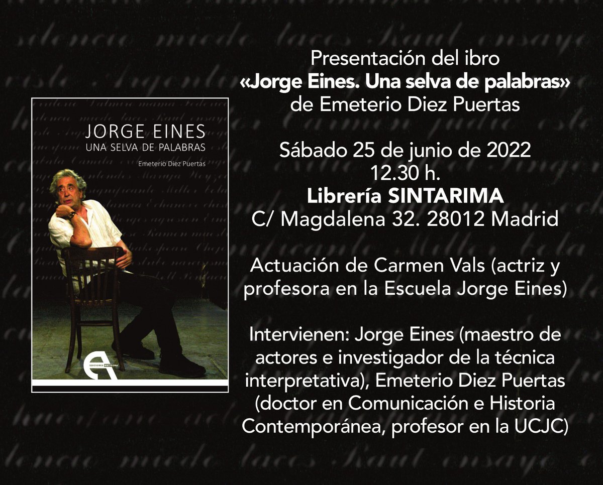 ¡PRIMERA PRESENTACIÓN EN MADRID!!
Hoy, sábado 25/5 a las 12:30 en la librería SIN TARIMA  PRESENTACIÓN del libro " JORGE EINES, UNA SELVA DE PALABRAS