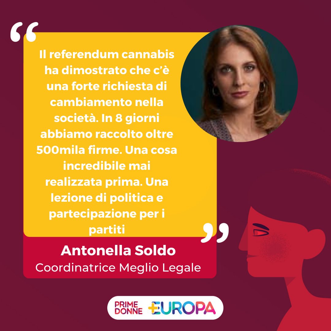 Il Referendum #cannabis ha dimostrato che c’è una forte richiesta di cambiamento nella società. In 8 giorni abbiamo raccolto 500mila firme. Una cosa incredibile mai realizzata prima. Una lezione di politica e partecipazione per i partiti.
<a href="/Antonella_Soldo/">Antonella Soldo</a> 
#PrimeDonne #PiùEuropa