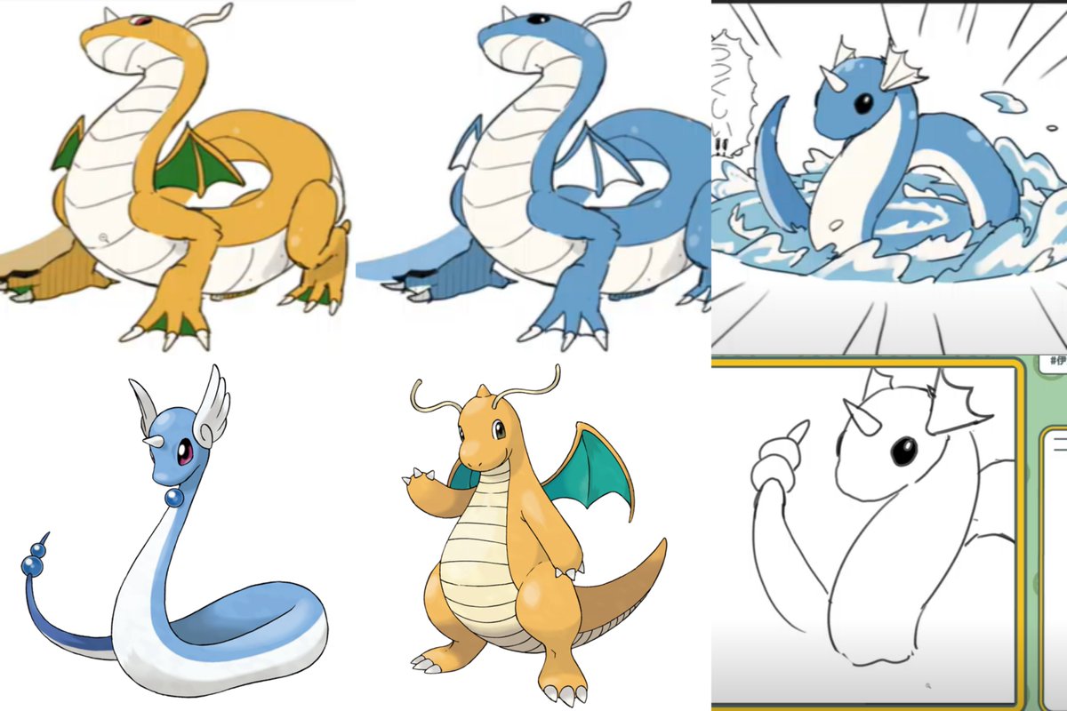 伊東ライフ 左上から描かれたハクリュー、カラチェン、カイリュー