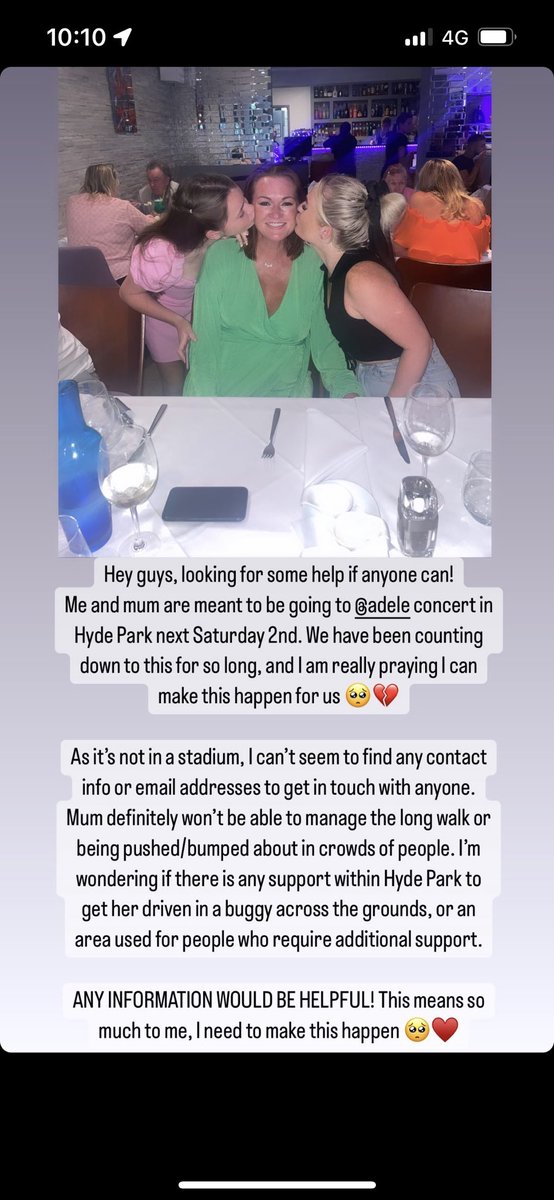 elenasmithh7's tweet photo. @BSTHydePark @Adele @KaceyMusgraves @mahalia @TianaMajor9 my friends mum has been recently diagnosed with stage4 sternum cancer, can you help change their standard tickets to accessible ones! We really want to still make this night happen for them❤️ https://t.co/0gWt7dDUPa