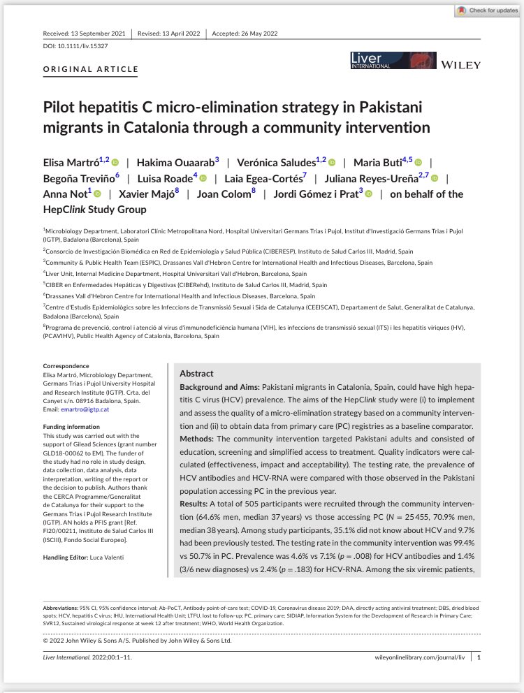The pdf of our latest paper, #HepClink study on a new model of #HepatitisC care in #migrants from #Pakistan, already available! 

@LiverInt
pubmed.ncbi.nlm.nih.gov/35635535/

#LiverTwitter #NOhep