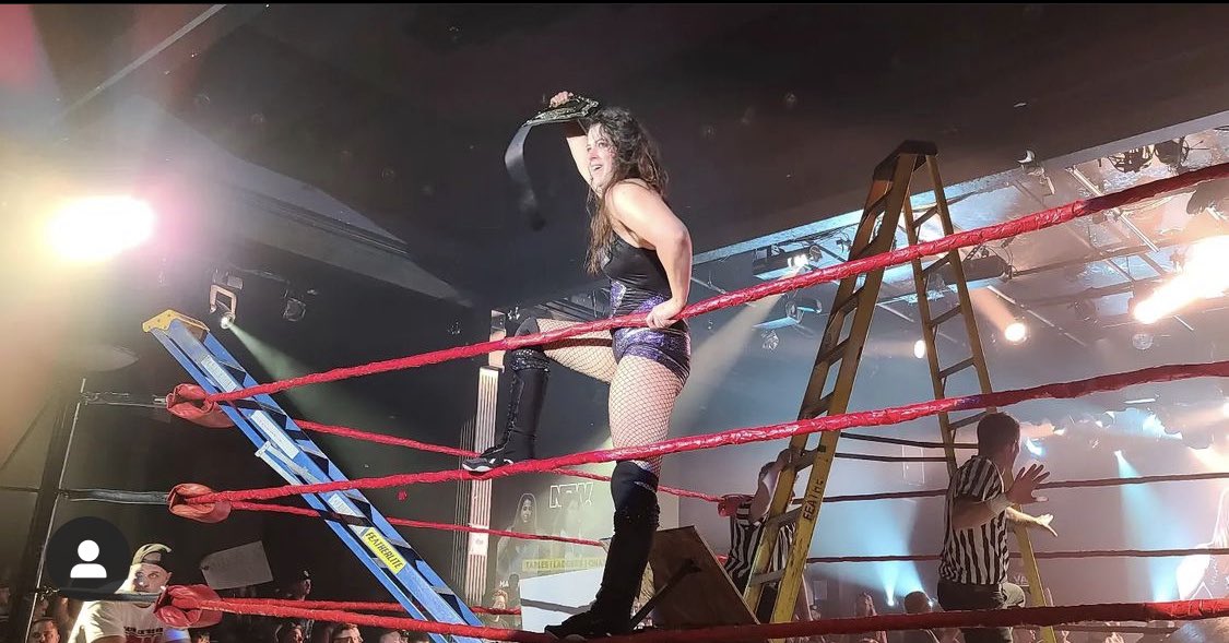 NEWWrestlingInc's tweet photo. BREAKING: Nicole Matthews defeats Chelsea Green and Kc Spinelli at #NEW4 in a TLC match to become the NEW Women's Champion.  The belt, previously held by Spinelli, becomes the 12th title that Matthews has held during her pro career. #NationExtremeWrestling https://t.co/uiWlbWjIul
