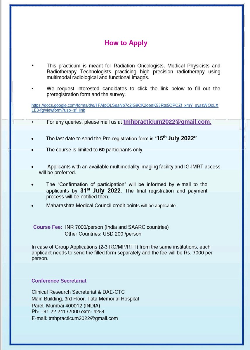 TMC Radiation Oncology (@radonctmc) on Twitter photo Registrations open & fast filling for 20th Annual <a href="/RadOncTMC/">TMC Radiation Oncology</a> practicum! 📢
This year's theme is 'Multimodality imaging in Radiation Oncology'.
Last date to register: 15th July
Link to pre-registration form:
surl.li/chcbw
mail for queries: tmhpracticum2022@gmail.com Registrations open & fast filling for 20th Annual <a href="/RadOncTMC/">TMC Radiation Oncology</a> practicum! 📢
This year's theme is 'Multimodality imaging in Radiation Oncology'.
Last date to register: 15th July
Link to pre-registration form:
surl.li/chcbw
mail for queries: tmhpracticum2022@gmail.com