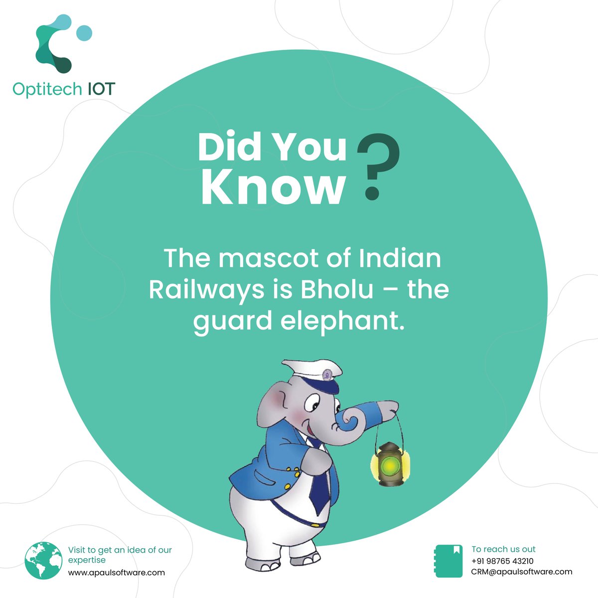 Optitech_APaul's tweet image. Did You know?

The mascot of Indian Railways is #Bholu - the guard elephant. 

#IndianRailways #didyouknow #didyouknowfacts #factsmatter #informativepost #APaul #OptitechIOT #iotservices #iotsolutions #iottechnology #railway #indianrailways #IoT #brandmascot