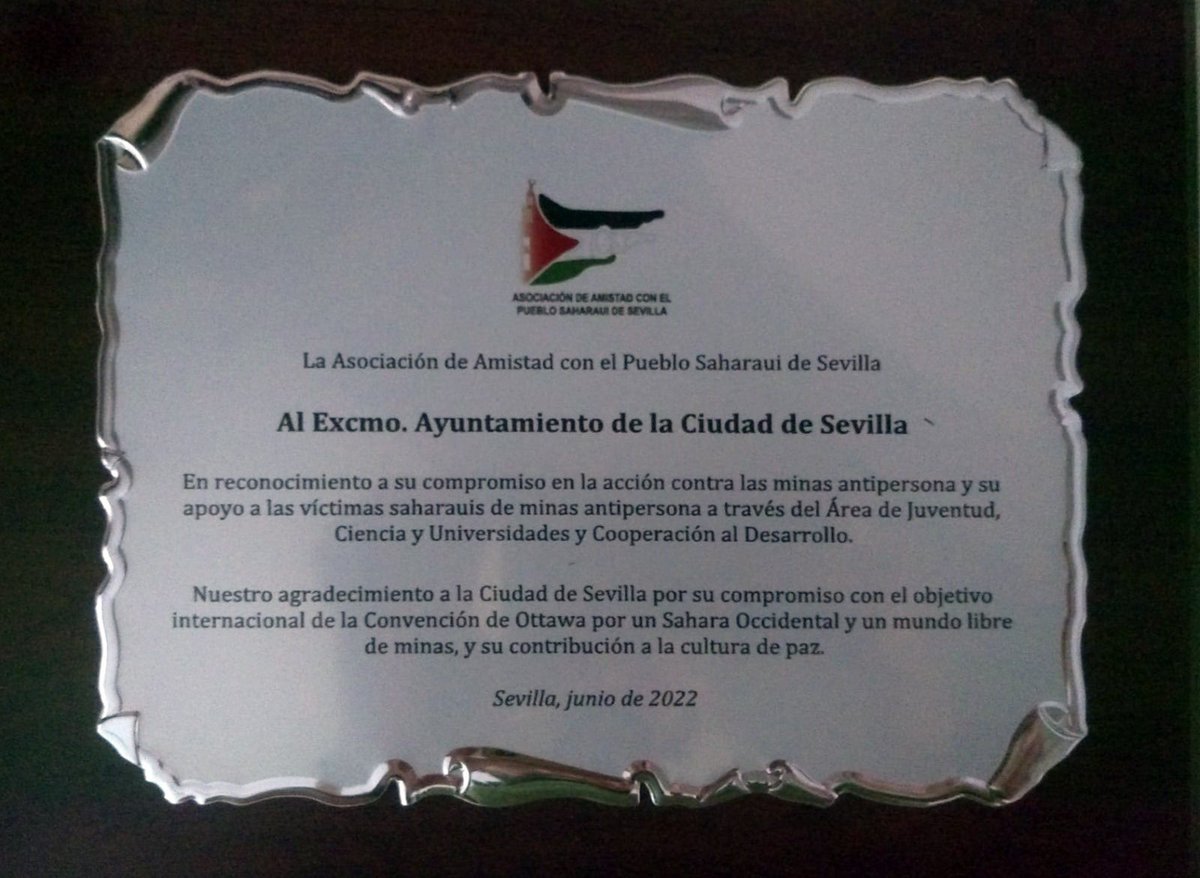aapss's tweet photo. Reconocimiento al @Ayto_Sevilla por su apoyo humanitario a las víctimas de minas saharauis desde 2016, a través de los proyectos que financia la Dirección de Cooperación del Área de Juventud, Ciencia y Universidades y Cooperación al Desarrollo. @jabafe79 https://t.co/t1BpbxBJeb