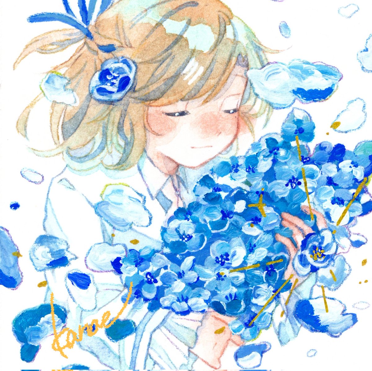 flower 1girl blue flower solo closed eyes shirt white shirt  illustration images