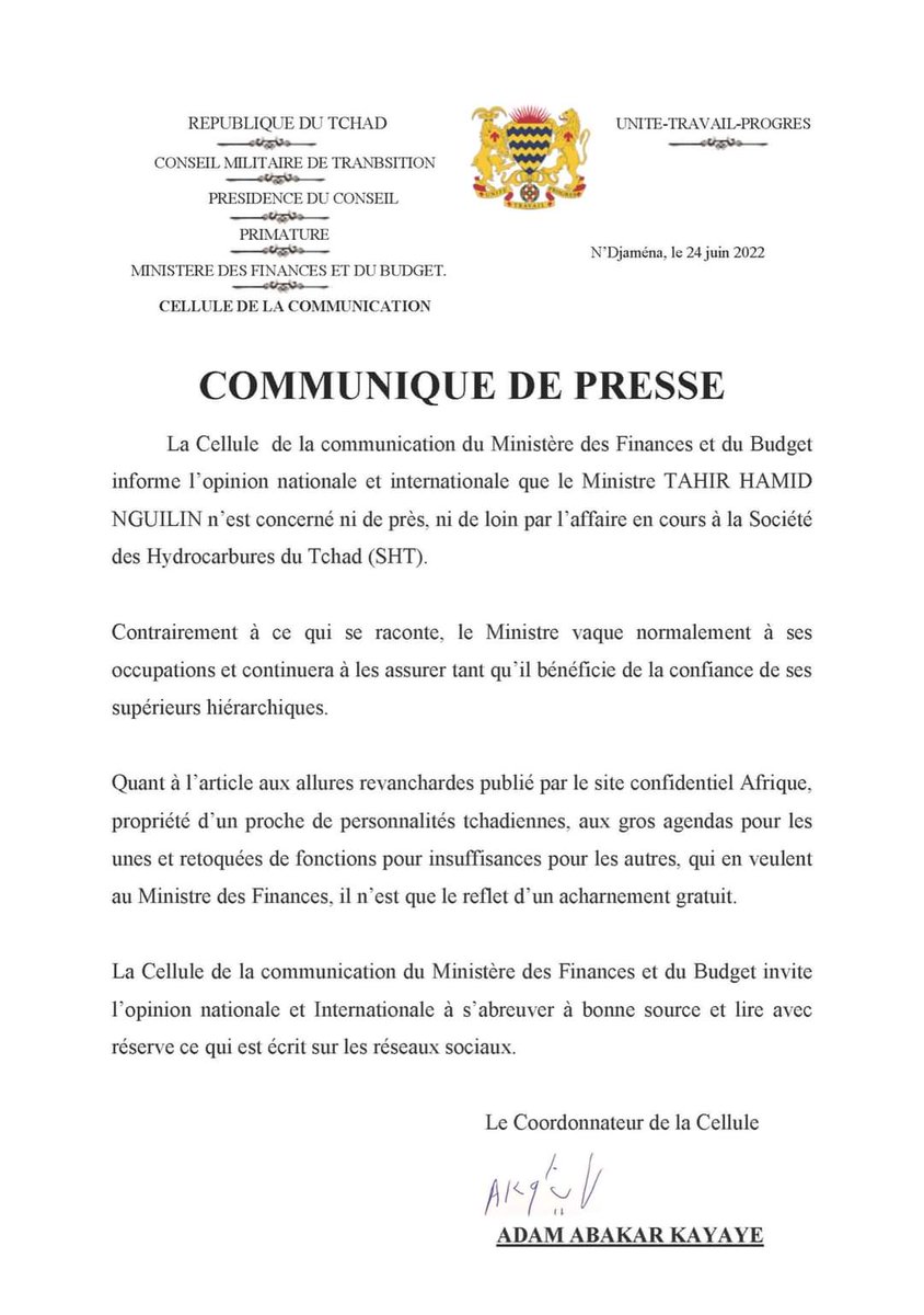 faris_alking's tweet photo. #Tchad #Adjib #SHTGate
Pourquoi le ministre des finances s'agite-t-il lui ? Et depuis quand utilise-t-on les sceaux de la république pour défendre la réputation d'un individu fut-il ministre ??!! https://t.co/4kIvKvTrhD