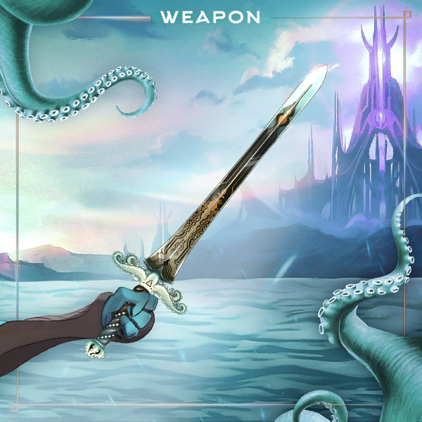 Greetings, wanderers!
That sword is called "Kraken". Our Product Manager found the right answer. That sword was found in Atlantis, on the bottom of the Endless Sea.
According to the story, the sword was took out of the Kraken's heart. 

#Astronix #P2E #NFT