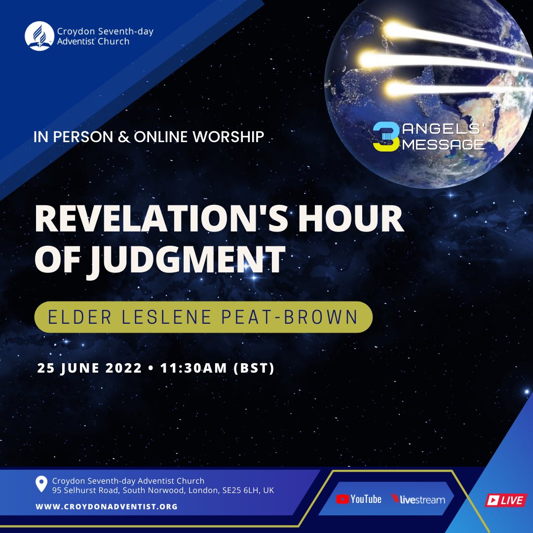 croydonsda's tweet photo. Now is not the time to remain silent when God has so much to say. What are you doing to prepare and share? Join us NOW for our sermon entitled ’Revelation’s Hour of Judgment.’ Watch live on YouTube @croydonsda or the full programme at: https://t.co/Mcm2piscKN
#3AngelsMessage https://t.co/zUrldJX3af
