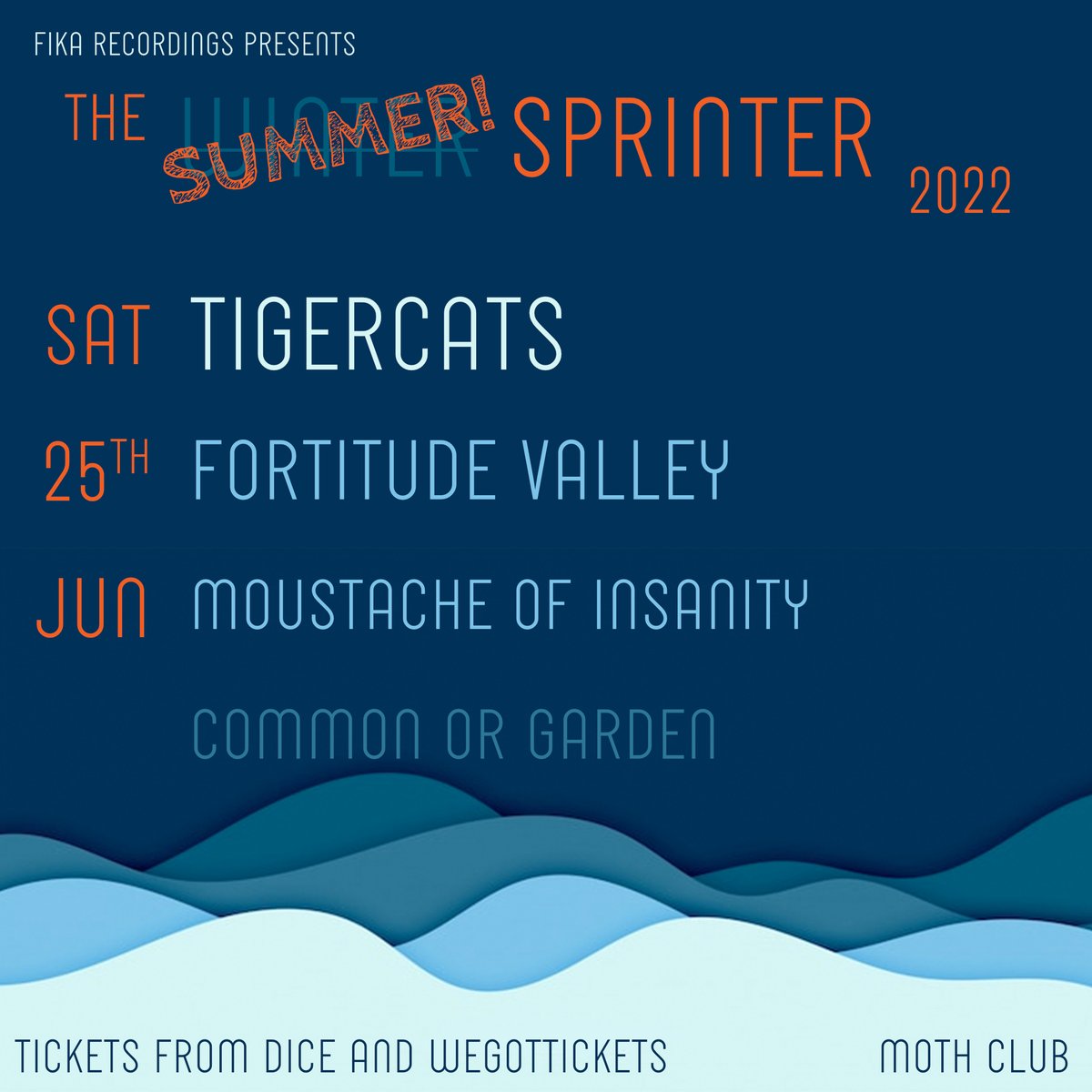 Tonight - the final night of the Summer Sprinter and you're last chance to see Tigercats!

There'll be tickets (£15) available on the door from 18:15.

Drinks beforehand in the Cock Tavern, Mare St, from 3pm.

Aftershow at Paper Dress Vintage, Mare St: free entry, late license!