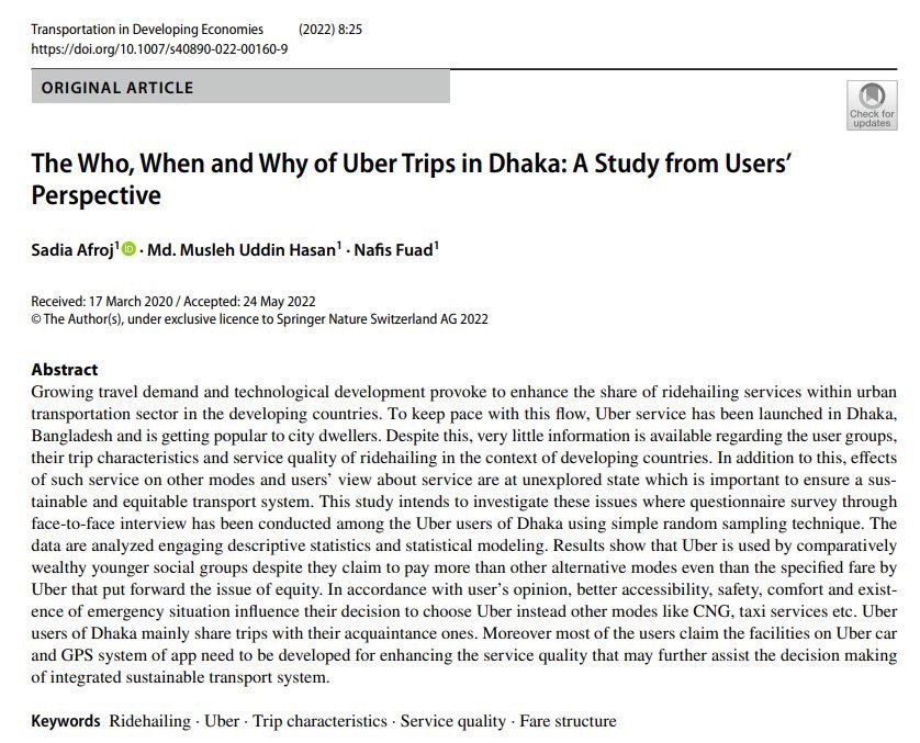 SadiaAfroj12's tweet photo. 🗣️Our new #article is now available at https://t.co/wkke8LNNyE , showing the #users of #uber including #travelpattern 🎊🎉 https://t.co/50YzIl7TSY