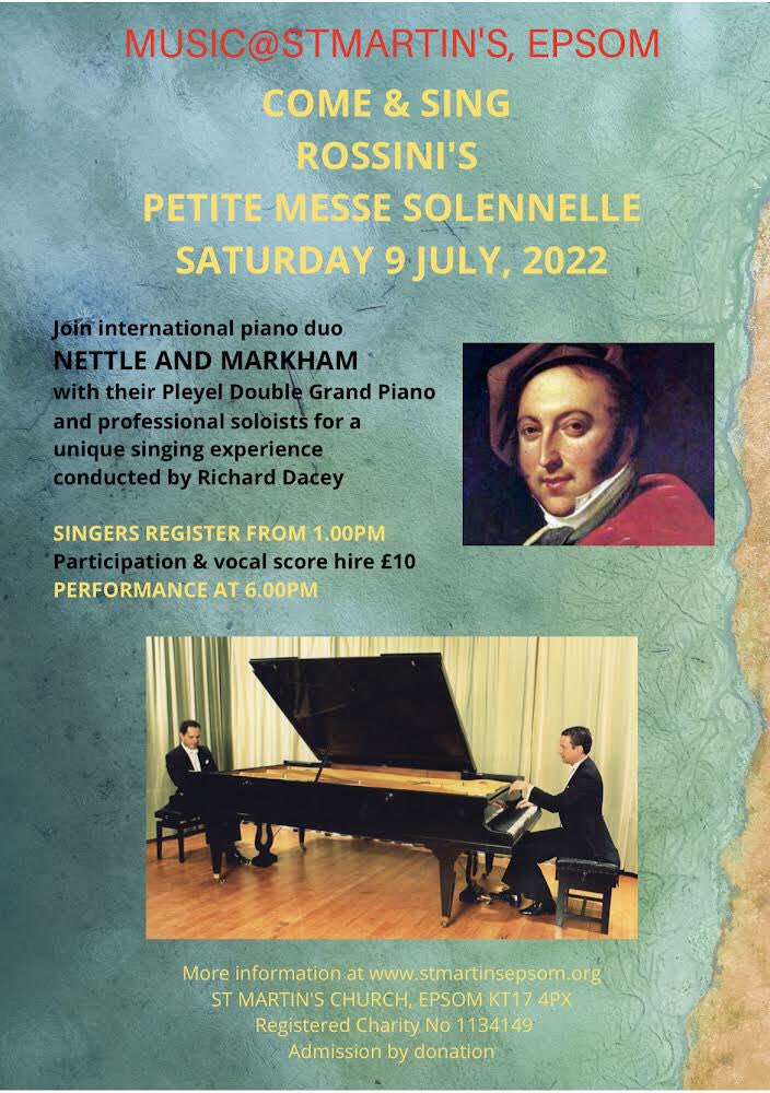 We’re looking forward to the last event in our current series Sat 9 July. Join us for this summer celebration of Rossini with international piano duo nettleandmarkham.com More info stmartinsepsom.org @whatsoninepsom @surreylive @BBCSurrey @epsomchoral @AshteadChoral