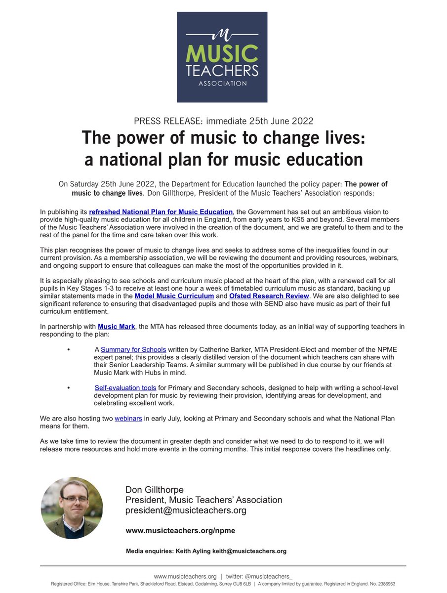 Here’s my statement on behalf of ⁦@MusicTeachers_⁩ about #NPME2. Many thanks to the panel for the time and care taken in writing it. See musicteachers.org/npme/ for the full response from the MTA - more to come as we explore the plan in detail. #CanDoMusic