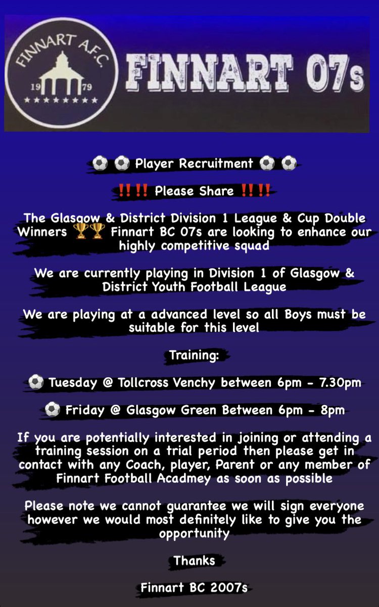 Finnart2007s's tweet photo. The Glasgow &amp; District Division 1 

League &amp; Cup Double Winners 🏆🏆 

Finnart BC 07s are looking to enhance our highly competitive squad 🙌🏻🙌🏻

💙🏆🖤🏆 https://t.co/sJqftLaLtU