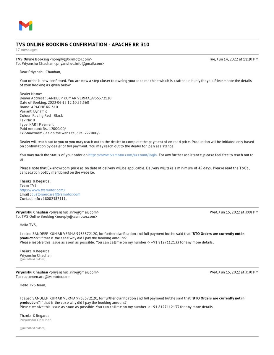 iamstackless's tweet photo. I have attached screenshots of the email. I have called these folks 15 times. I want a refund, and @tvsmotorcompany please take this up on priority it's already been 13 days. @TOIAuto @IndiaTVAuto @MORTHIndia @nitin_gadkari https://t.co/sYi4vI1MBA