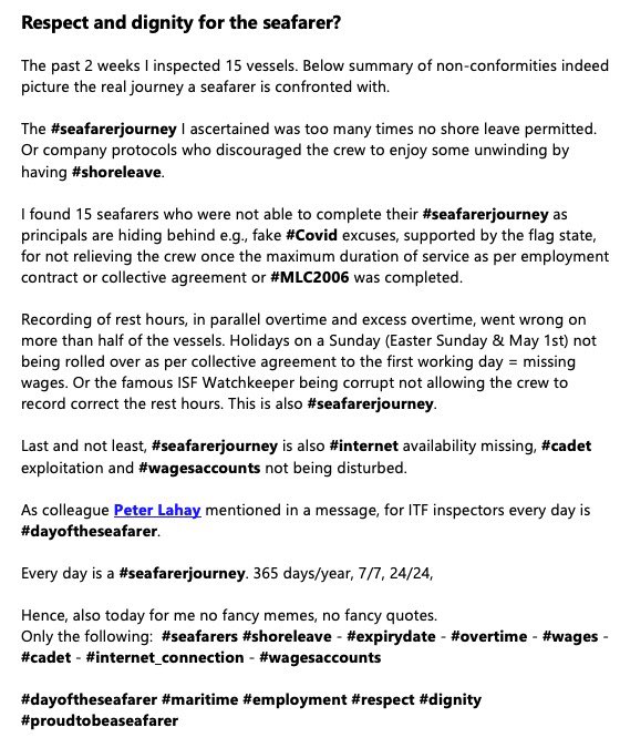 Today 25 June we celebrate the #DayoftheSeafarer. Has the #seafarer many reasons for a celebration today? #expirydays, #shoreleave, #overtimepayments, #internet, #cadets are nowadays still too often related with non-conformities. <a href="/ITFglobalunion/">International Transport Workers' Federation (ITF)</a> <a href="/IMOHQ/">International Maritime Organization</a> <a href="/acv_csc_europe/">European Trade Union e-action of ACV-CSC-Belgium</a> <a href="/FlowsInfo/">Flows</a>
