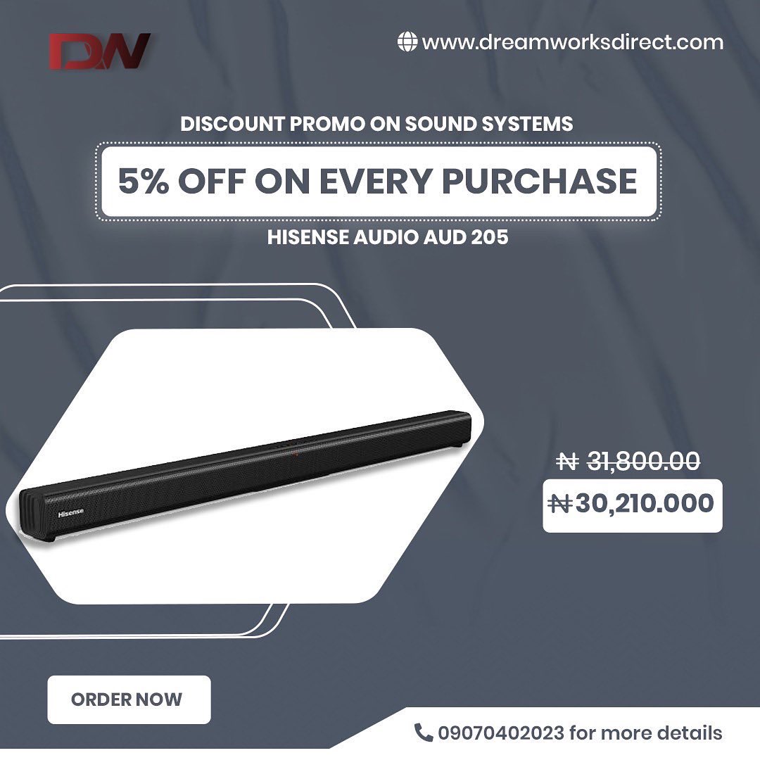 Dreamworksnig's tweet photo. Discount Promo Alert!

Get 5% off on every purchase.
Browse thru our range of Sound Systems from Hisense, LG, Samsung, Maxi and much more at never before Prices.

Visit  https://t.co/NtHvjif4L4 or call 09070402023 to order

#Dreamworksdirect #explore https://t.co/42JvKRrUtn