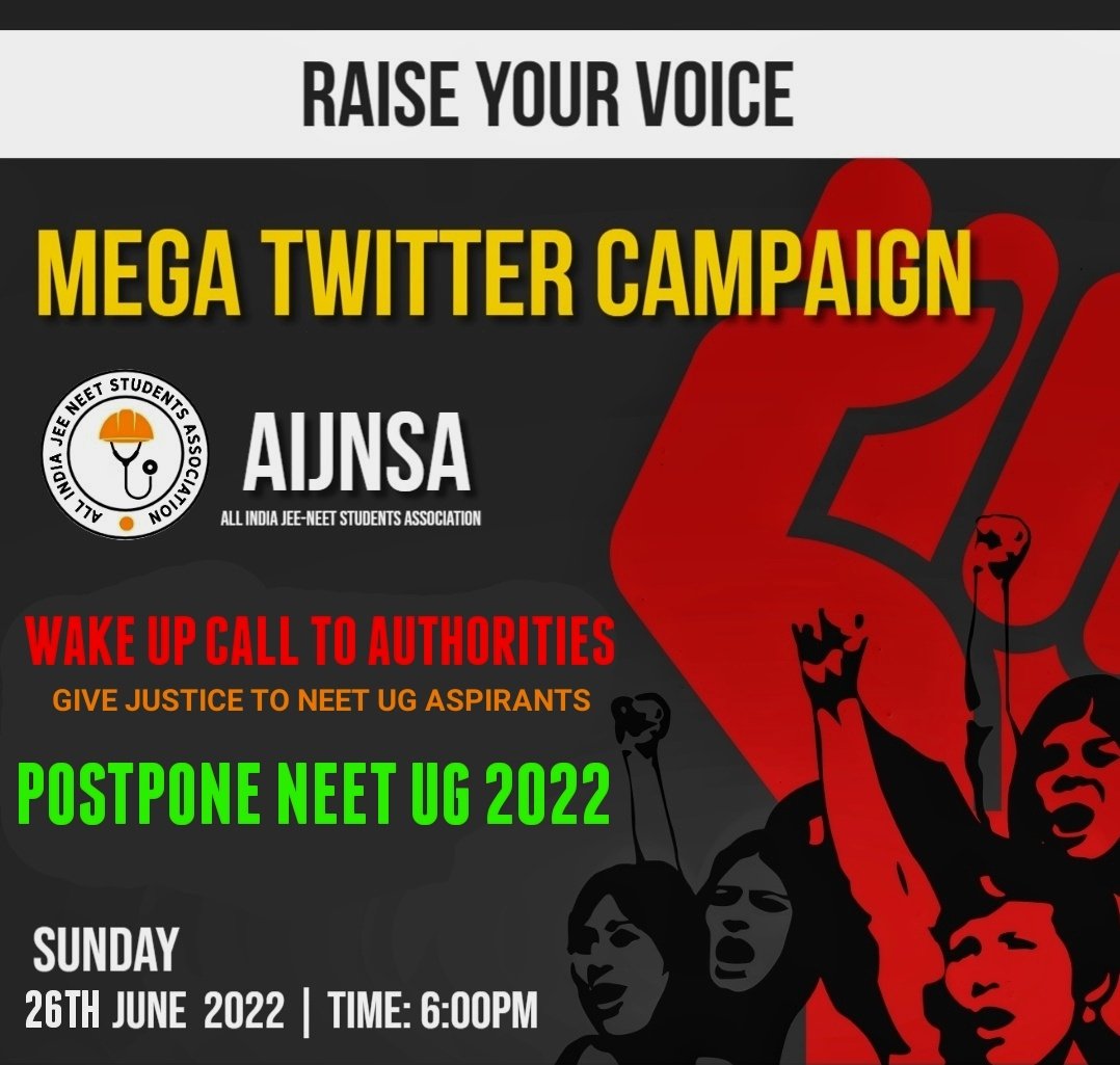 On Aspirants Demands, 
AIJNSA ANNOUNCES-
“LAST PUSH FOR JUSTICE CAMPAIGN” 

Sunday from 6PM onwards.

Hastag will be released 5hr before campaigns.<a href="/AIJNSA_official/">AIJNSA</a>
@DG_NTA <a href="/EduMinOfIndia/">Ministry of Education</a>

#JUSTICEforNEETUG 
#DharmendraPradhanHelpUs #JUSTICEforNEETUG