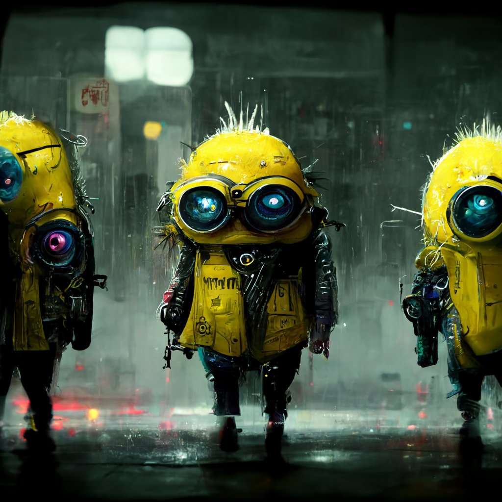 This whole AI generated imagery is absolutely crazy. Here's <a href="/midjourney/">Midjourney</a> rendering of my "Minions, cyberpunk, realistic style" command.